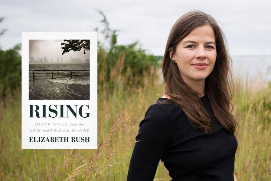 AN author stands in a grass field. a cover of her book Rising is superimposed beside her