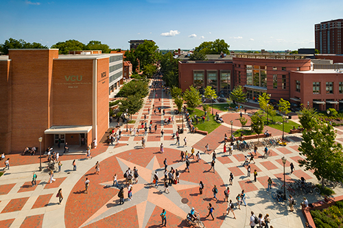 Aerial photo of students walking through V C U's campus