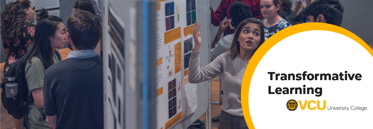A young woman animatedly explaining a research poster.